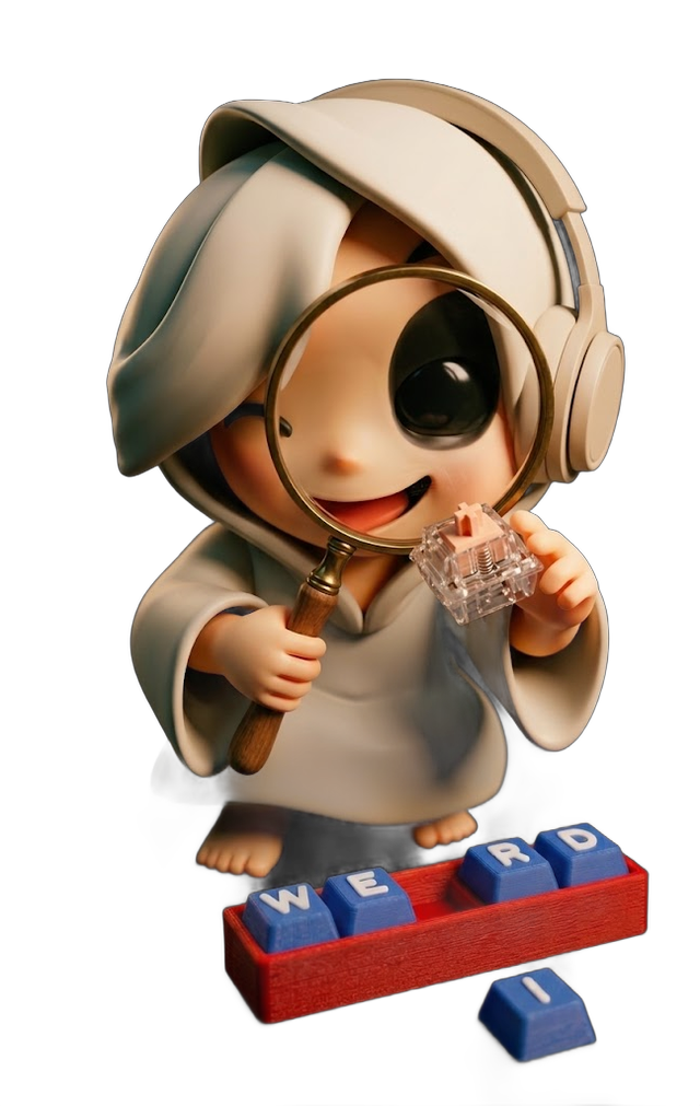 Maskot Weirdboo memeriksa switch keyboard dengan kaca pembesar, keycap I tergeletak di samping tray